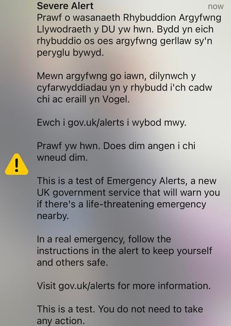 Image of an alert that people in wales received